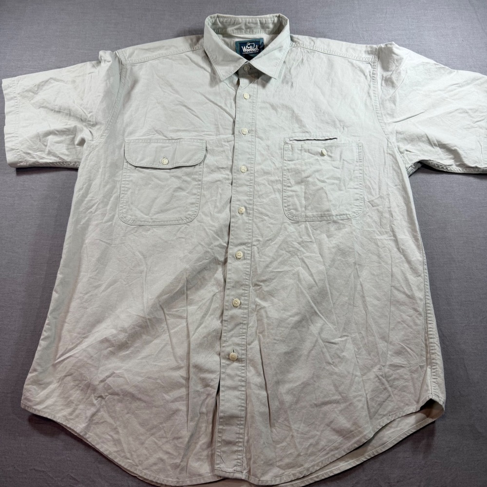 Woolrich Button Down Shirt Mens L Tan Cotton Short Sleeve Utility Pockets EUC - Picture 2 of 8